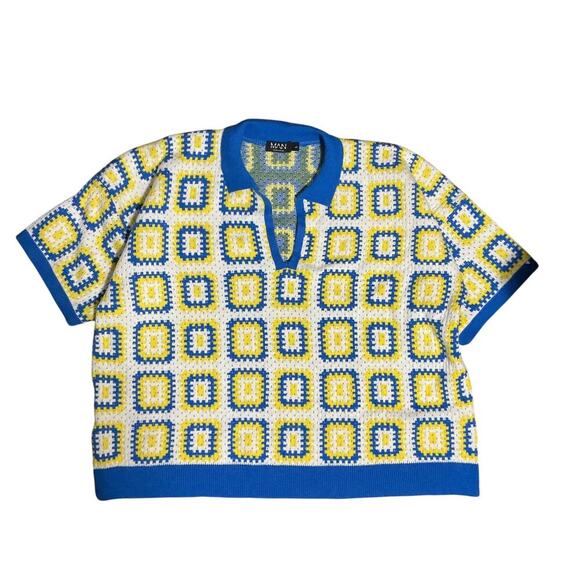 BoohooMAN Men’s Knit Sweater Top Retro Geometric Square Print Blue Yellow Size L - Picture 4 of 7